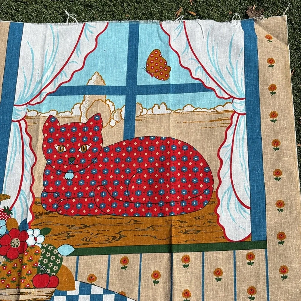 Vintage 70s Home Sweet Home Cat Screen Print Wall Hanging Textile by VIP Fabrics